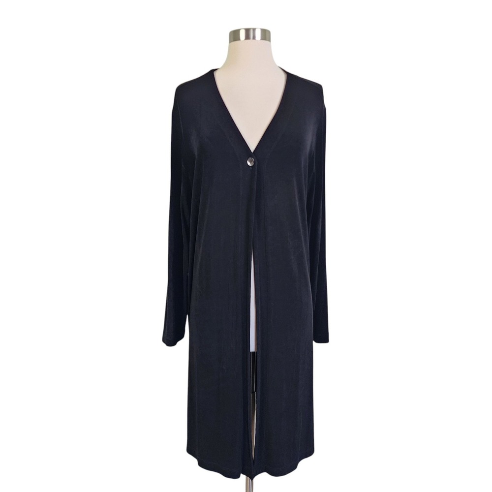 Chicos Travelers Womens Vintage Longline Cardigan Size Large Black Single Button